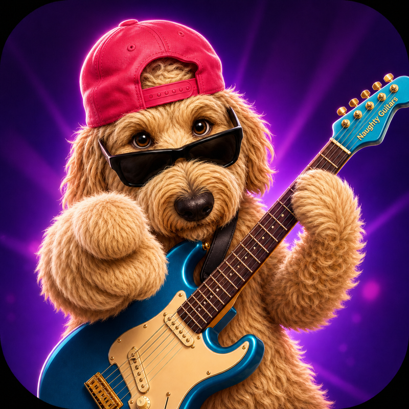 George the dog in sunglasses playing guitar